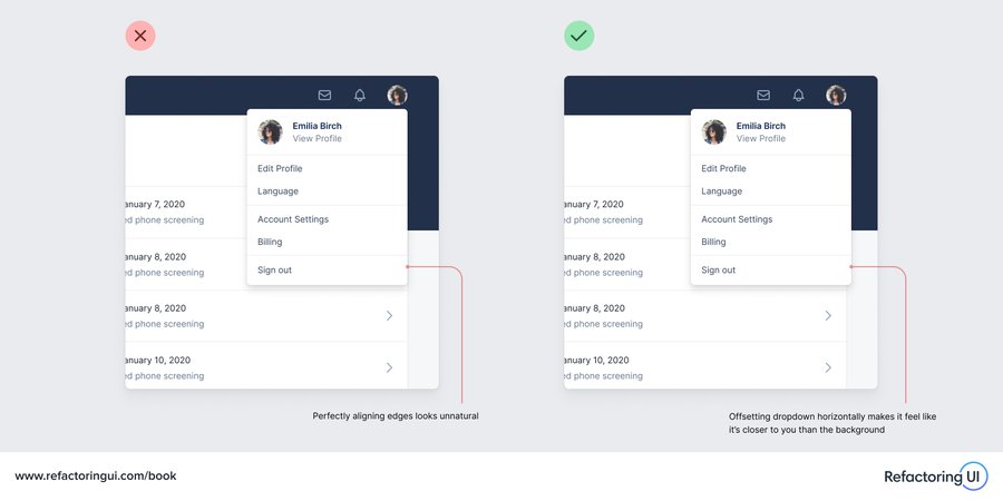 Two examples of drop-down box: one displays a box aligned to the main content on the right side and another shows the box slightly misaligned, shifted a little more to the right of the main content.