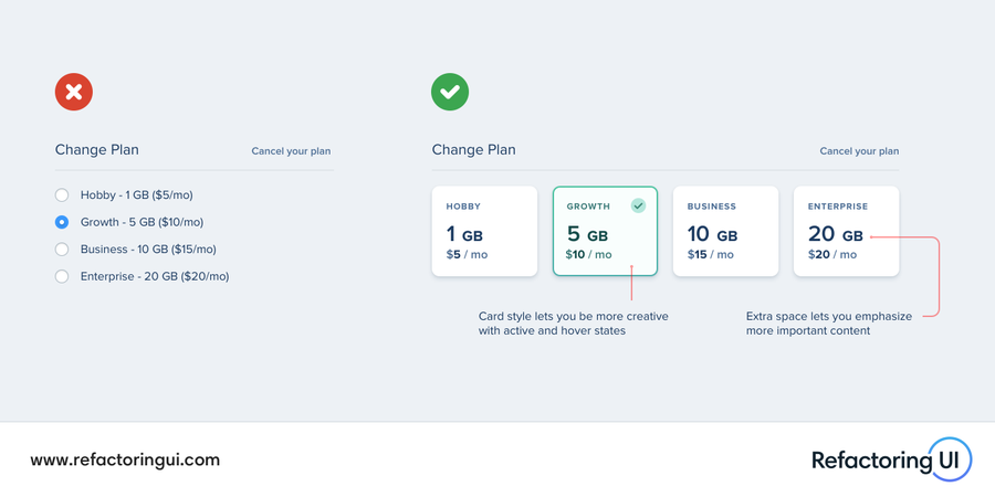 Two examples of radio button list: one displaying common radio buttons and the other displaying radio buttons as small independent cards with font weight, different colors and font sizes...