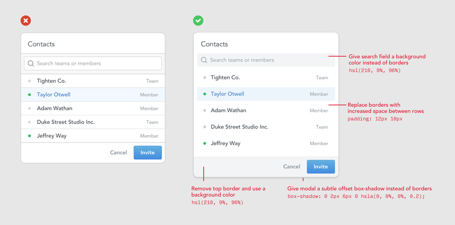 Two list examples: one with borders and one with shadows